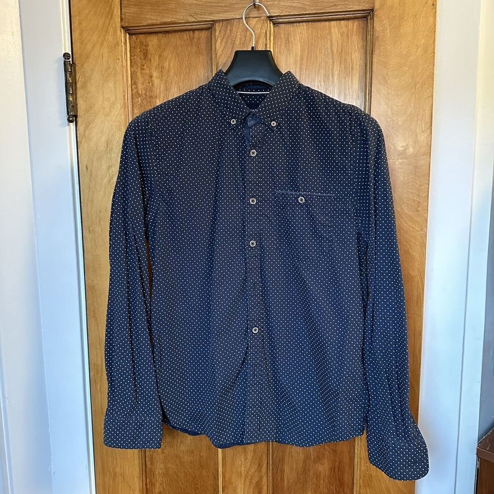 Denim & Flower Mens Shirt Size Medium Button Down Slim Fit Blue Polka Dot Navy